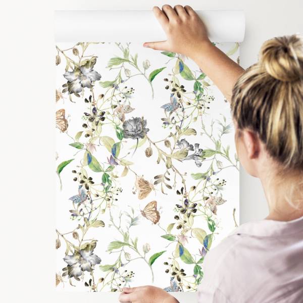 TAPETE Blumen Schmetterlinge Vintage Beige - Blau - Braun - Grau - Grün - Weiß - Papier - 53 x 1000 x 1000 cm