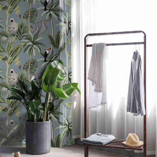 Papier Peint Jungle Tropicale Gris Gris - Papier - 1 x 200 x 200 cm