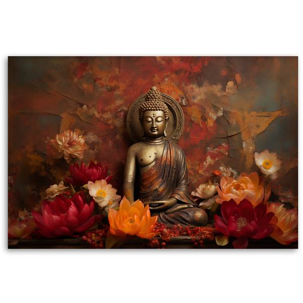 Wandbild meditierender buddha und blumen 100 x 70 cm