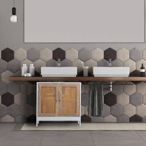 Waschbeckenunterschrank mit Rattan-Türen Braun - Weiß - Holzwerkstoff - Kunststoff - 60 x 62 x 30 cm