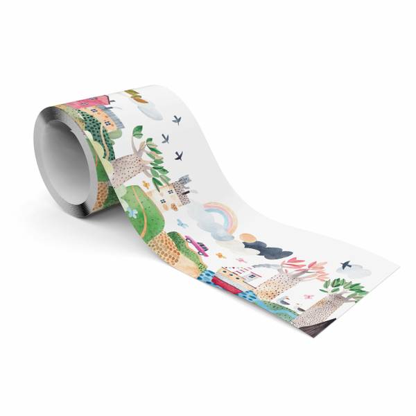 Tapetenbordüre für Kinder Bäume Gebäude Beige - Grün - Weiß - Fleece - 10 x 300 x 300 cm