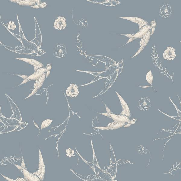 Tapete VÖGEL Schwalben Blumen Blätter Beige - Blau - Grau - Fleece - 53 x 1000 x 1000 cm