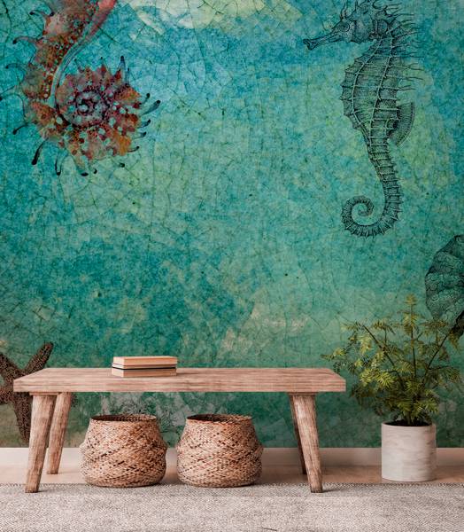 Panorama-Tapete Seahorse Blau - Papier - 192 x 280 x 192 cm
