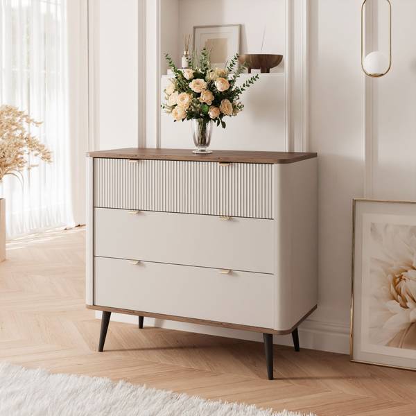 Kommode NAVANI 3S Creme - Cremeweiß - Walnuss