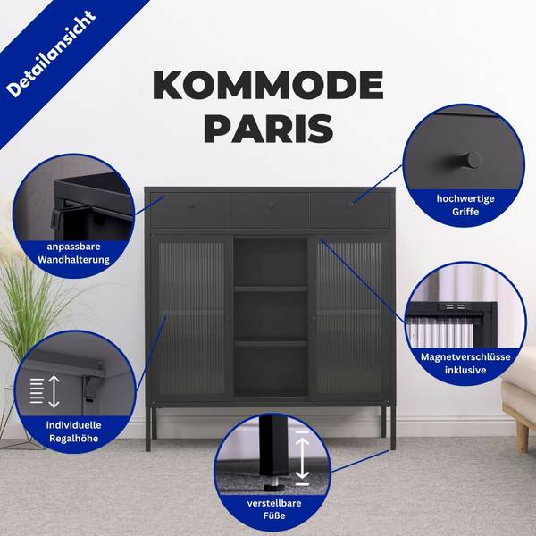 Kommode Paris Schwarz - Metall - 105 x 110 x 35 cm