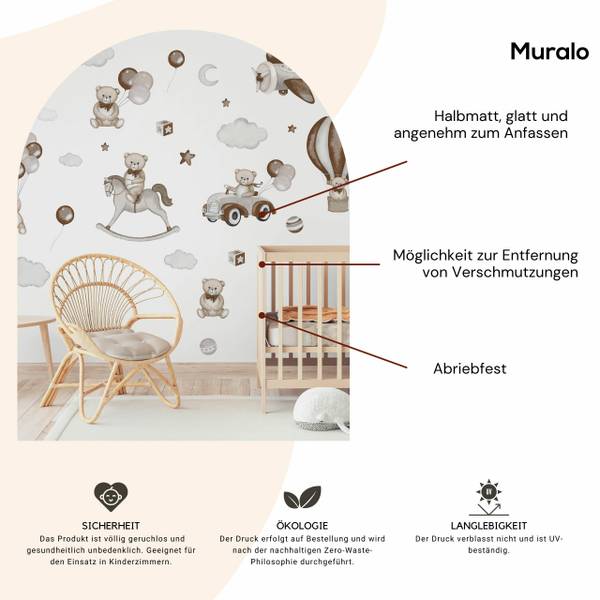 29‑er Set Aufkleber Bären Ballons Wolken Beige - Braun - Grau - PVC - 120 x 60 x 60 cm