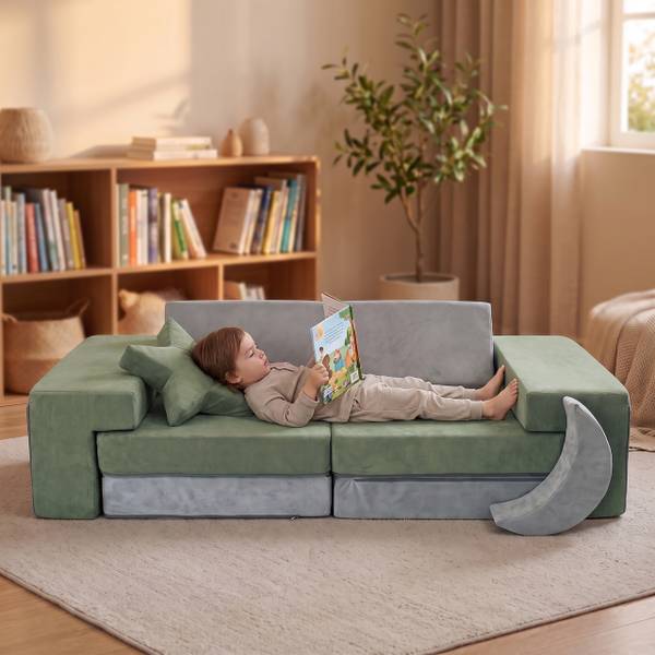 Canapé de jeu modulaire enfant, 10 pcs Gris - Vert - Polyester - 140 x 45 x 65 cm