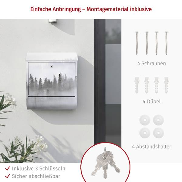 Briefkasten Nebel im Tannenwald Schwarz - Stahl - 39 x 46 x 13 cm