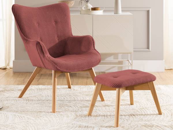 Loungefauteuil met hocker Lenari robijnrood - beukenhouten look