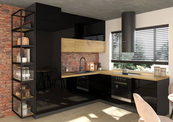 Küchenzeile FLORENCE R1 (Vollauszug) Schwarz - Braun - Holzwerkstoff - 280 x 243 x 245 cm