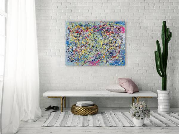 Acrylbild Handgemalt Action Painting Zap Baumwollstoff - 100 x 75 x 4 cm