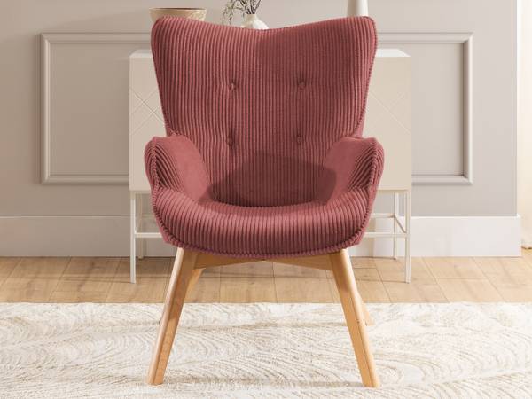 Loungefauteuil met hocker Lenari robijnrood - beukenhouten look