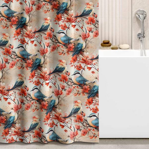 Duschvorhang Singvögel mit Kirschblüten Rot - Polyester - 180 x 180 x 1 cm
