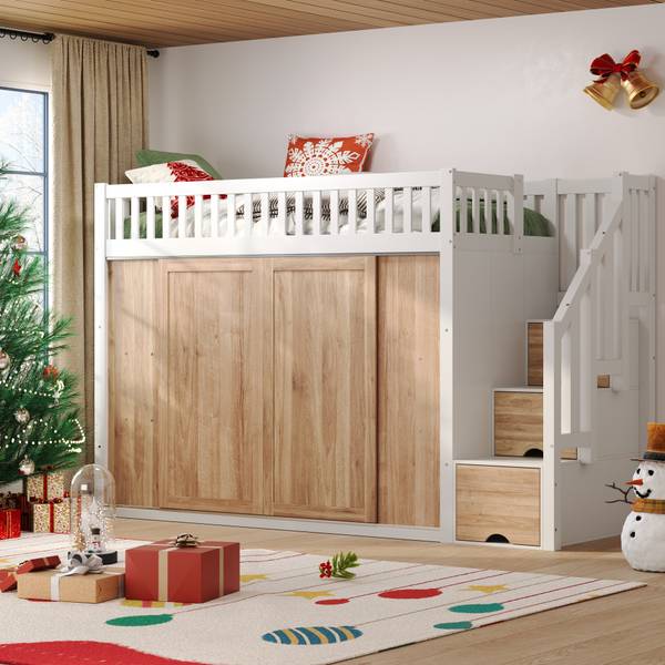 Hochbett  WoodySHEF Ⅰ Weiß - Holzwerkstoff - Massivholz - 95 x 162 x 252 cm
