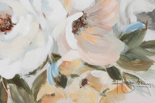 Tableau peint à la main Vœux fleuris Gris - Coton - 60 x 60 x 4 cm