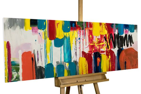 Acrylbild Handgemalt Action Painting Pim Weiß - Baumwollstoff - 150 x 50 x 4 cm