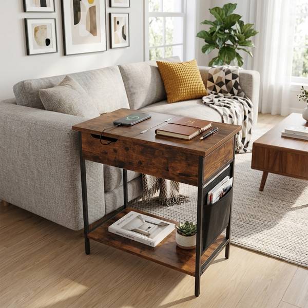 Table d'appoint avec prise Noir - Marron
