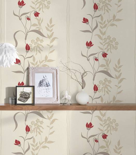 Vliestapete 675 modern Blumen Küche Beige - Rot - Weiß - Fleece - 53 x 1005 x 1 cm