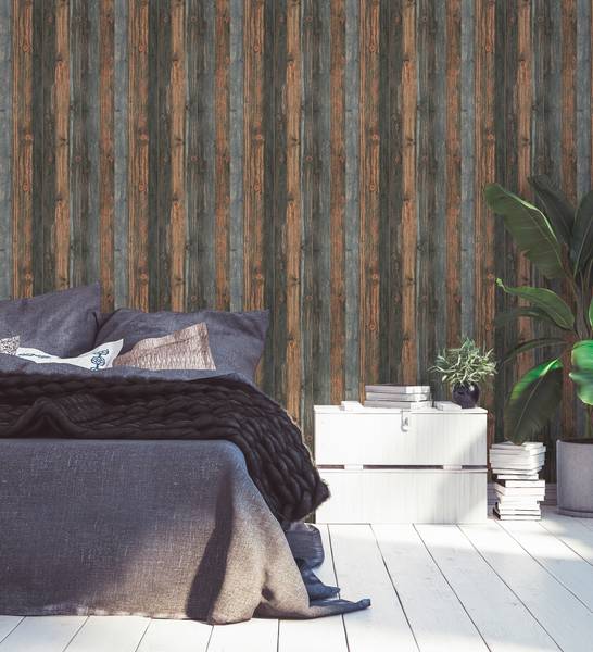 Tapete Holzdielen Braun Grau Beige - Braun - Grau - Fleece - 53 x 1005 x 1 cm