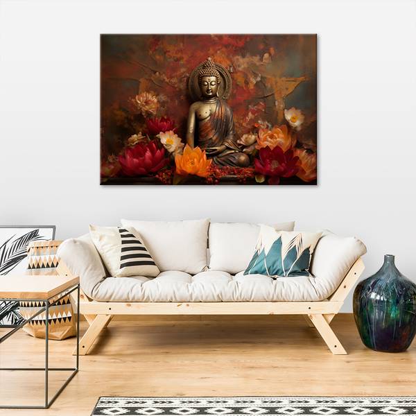Wandbild meditierender buddha und blumen 100 x 70 cm