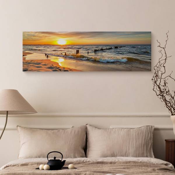 Tableau Coucher De Soleil Paysage 3D Beige - Orange - Jaune - Lin - 145 x 45 x 45 cm