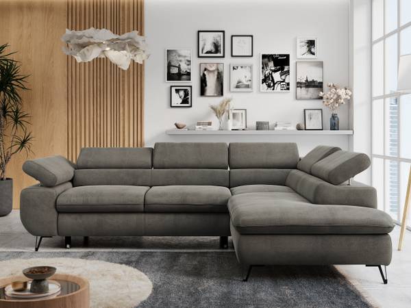 Ecksofa PETER L Grau - Ecke davorstehend rechts - Ottomane davorstehend rechts - Schlaffunktion davorstehend rechts