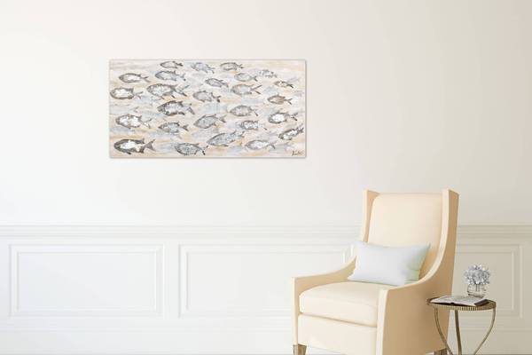Acrylbild Handgemalt Fische Yi Beige - Grau - Baumwollstoff - 120 x 60 x 4 cm