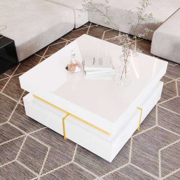 Salontafel Ourea Ⅳ wit glas - hoogglans wit - goud - wit