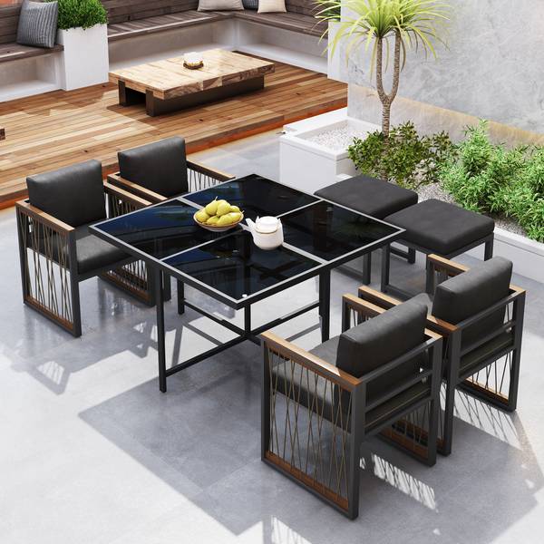 Gartenmöbelset Hephaestus 7-tlg Schwarz - Braun - Polyester - Webstoff - Akazie - Eisen - 158 x 74 x 230 cm