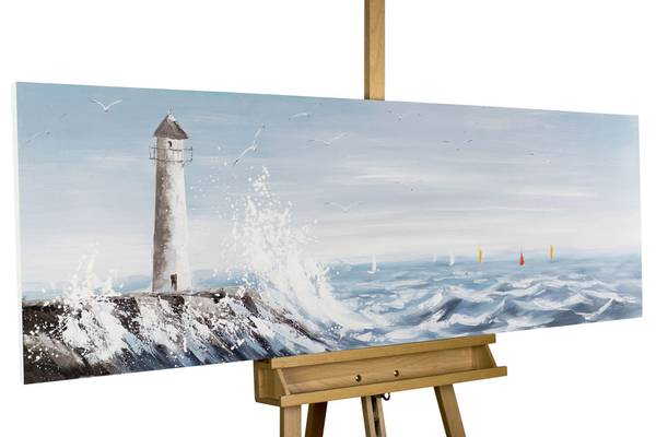 Acrylbild Handgemalt Leuchtturm Jec Blau - Weiß - Baumwollstoff - 150 x 50 x 4 cm