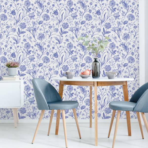 Papier Peint FLEURS Feuilles Plantes Beige - Bleu - Polaire - 53 x 1000 x 1000 cm