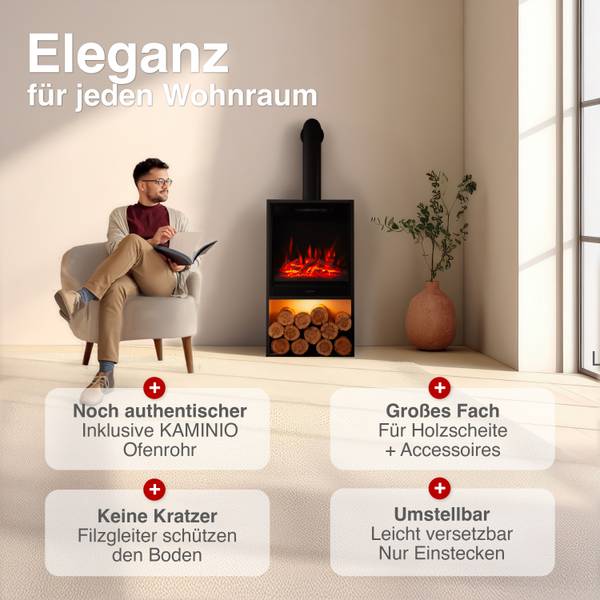 Elektro Kaminofen Hugo mit Ofenrohr Schwarz