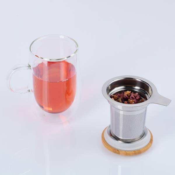 Teeglas mit Sieb und Bambusdeckel Braun - Silber - Borosilikatglas - 9 x 15 x 13 cm