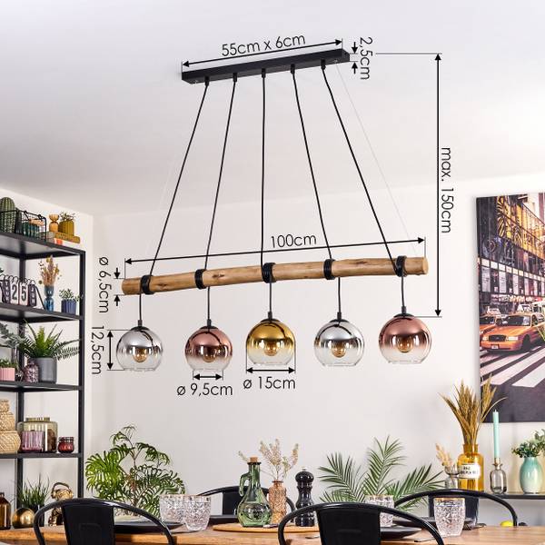 Pendelleuchte Cesaro Gold - Grau - Silber - Eukalyptus - Aluminium - Klarglas - 22 x 150 x 100 cm