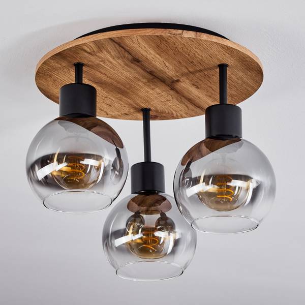 Deckenleuchte Canove Schwarz - Braun - Glas Grau - Holz - 38 x 22 x 38 cm