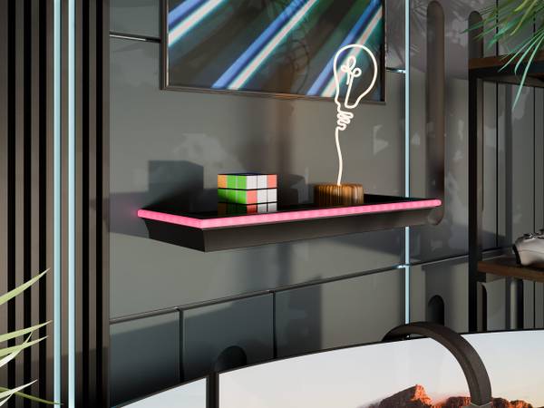 Wandregal Wrotyn mit rosa LED Schwarz - Pink - Kunststoff - 46 x 5 x 16 cm