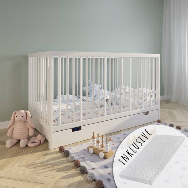 Babybett Leni mit Matratze ùnd Schublade Weiß - 70 x 84 x 140 cm