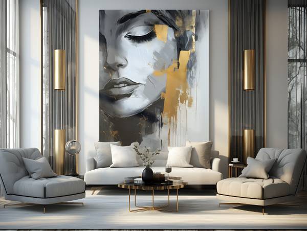 Afbeelding Het gezicht VROUW beige - zwart - bruin - grijs - linnen - 40 x 60 x 60 cm