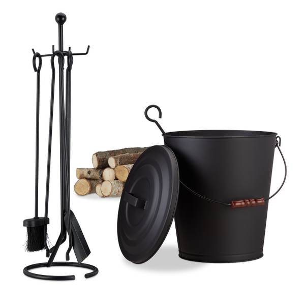 6 tlg. Kamin-Set Schwarz - Eisen - 43 x 68 x 56 cm
