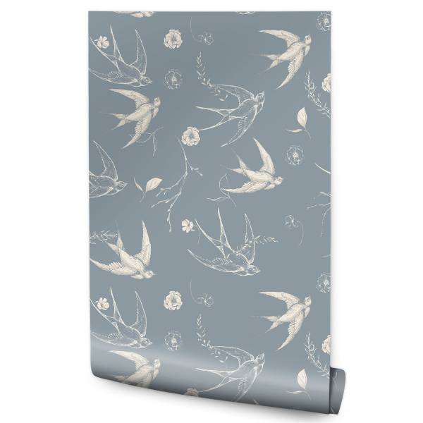 Tapete VÖGEL Schwalben Blumen Blätter Beige - Blau - Grau - Fleece - 53 x 1000 x 1000 cm