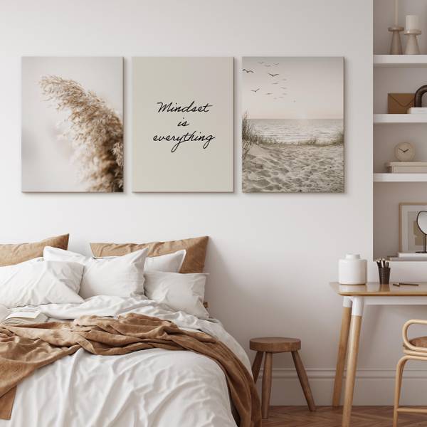 Set De Tableaux Plage Citation Plantes Beige - Noir - Vert - Lin - 90 x 40 x 40 cm