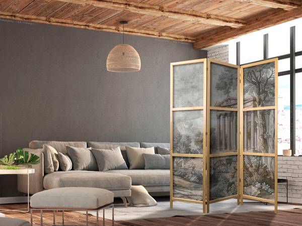 Paravent Architektur Bäume 3-tlg Beige - Grau - Grün - Holzwerkstoff - Textil - 135 x 172 x 3 cm