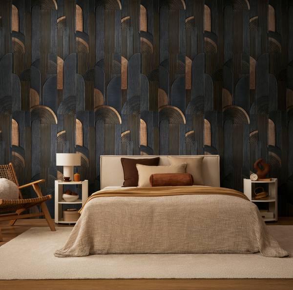 Fototapete Art Deco Rhythm erweiterbar Beige - Schwarz - Braun - Fleece - Vinyl - 159 x 280 x 1 cm