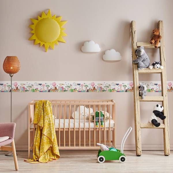 Tapetenbordüre für Kinder Bäume Gebäude Beige - Grün - Weiß - Fleece - 10 x 300 x 300 cm