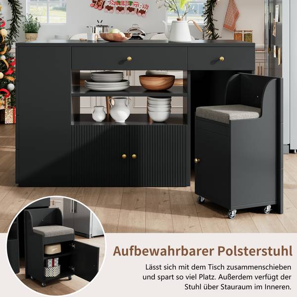 Kücheninsel mit Barhocker Thetis Ⅵ Schwarz - Holzwerkstoff - Metall - 70 x 91 x 140 cm