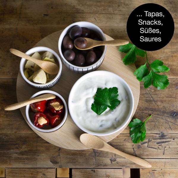 Bambusplatte mit 4 Dipschalen und Löffel Weiß - Pinie - 23 x 9 x 23 cm