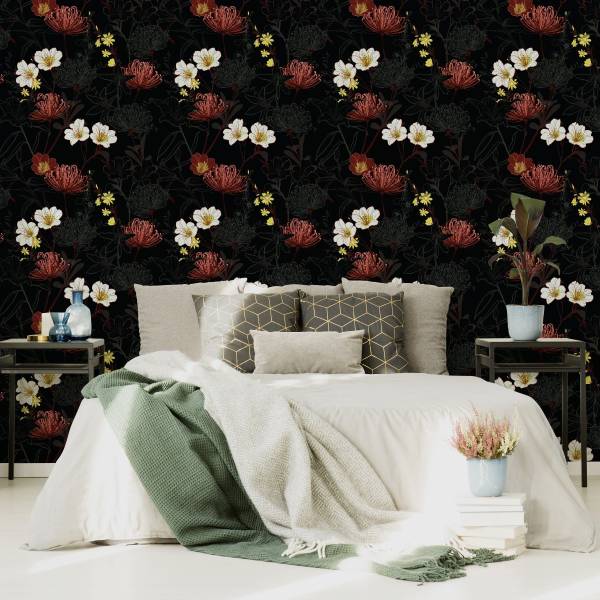 Papier Peint FLEURS Plantes Nature Noir - Gris - Rouge - Blanc - Polaire - 53 x 1000 x 1000 cm