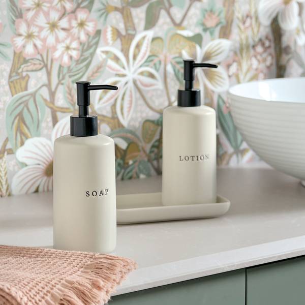 Seifen-/Lotionspender-Set, 3-tlg Beige - Keramik - 10 x 22 x 18 cm
