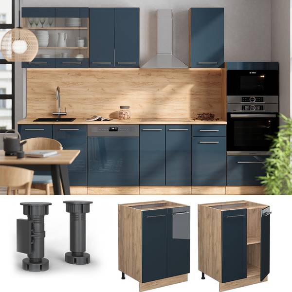 Onderkast Fame-Line 48847 hoogglans nachtblauw - eikenhouten look - Breedte: 60 cm