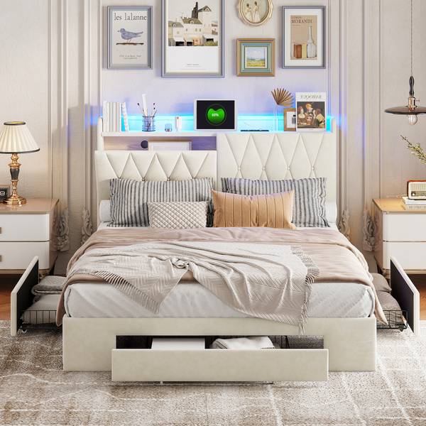 Doppelbett Stauraum TSGHP59 Beige - Metall - Massivholz - 217 x 108 x 165 cm
